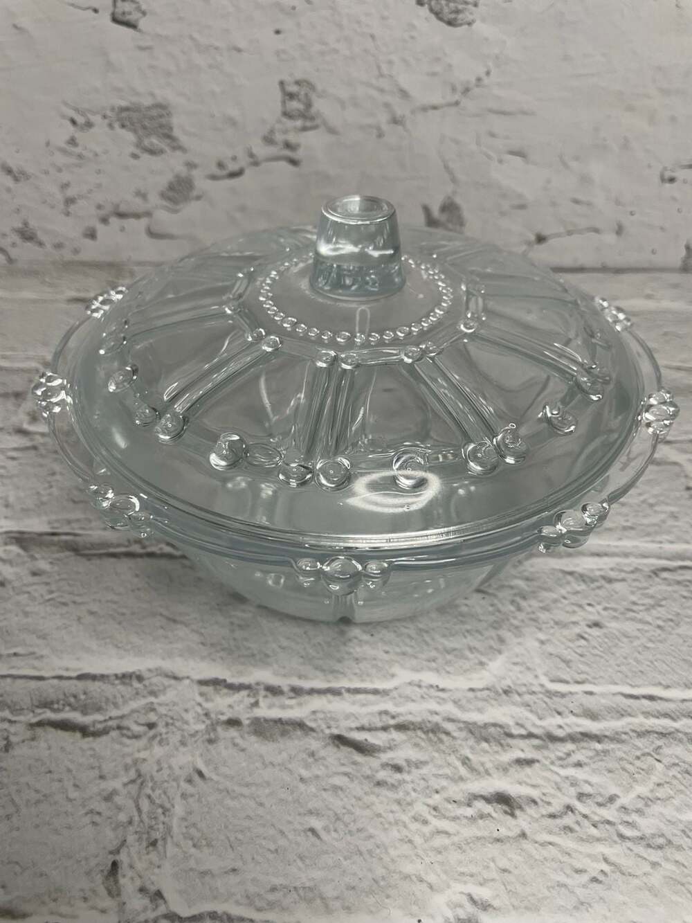 Vintage KIG Indonesia Clear Glass Covered Candy Dish with Beaded Design